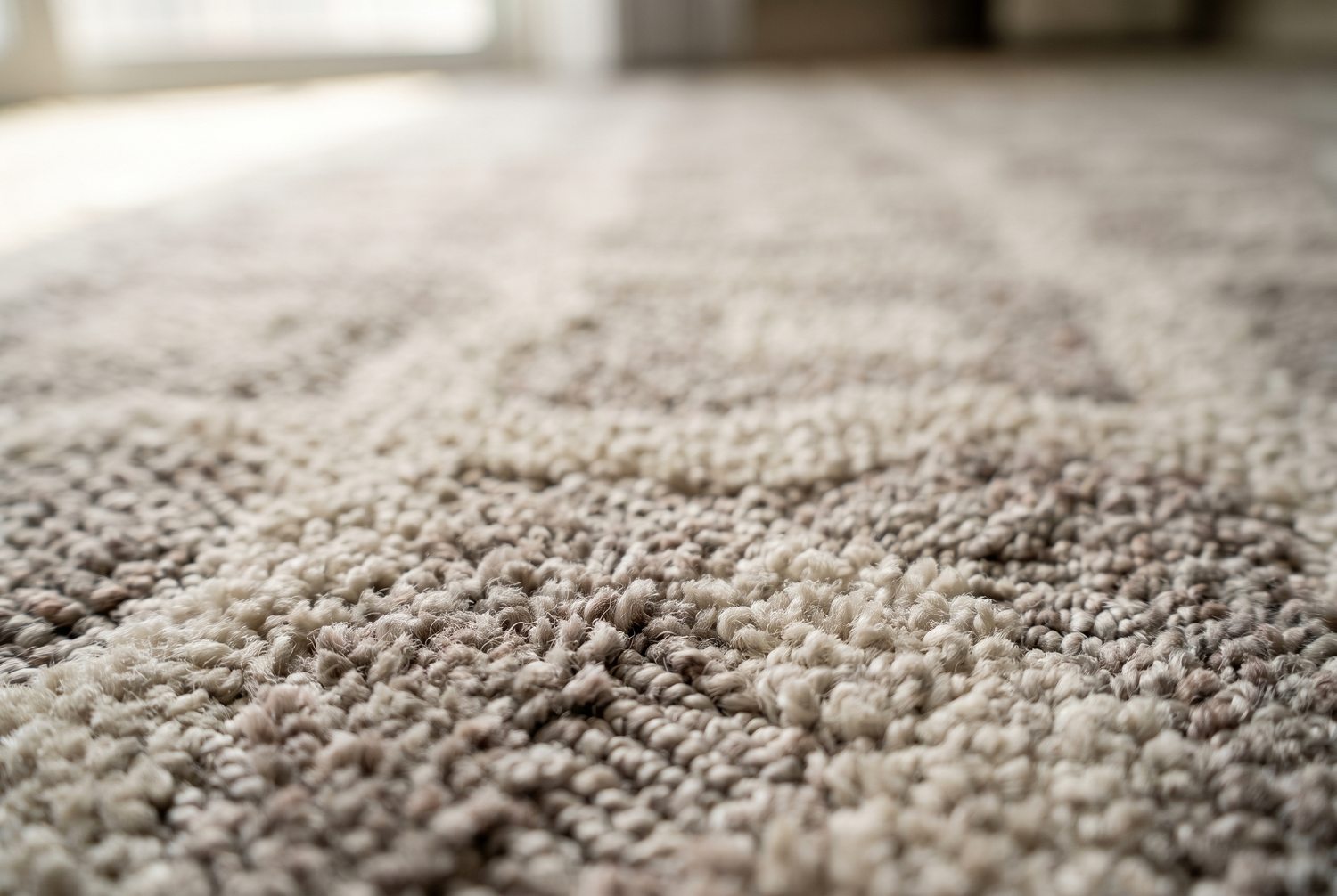 Macro detail of patterned residential cut pile carpet