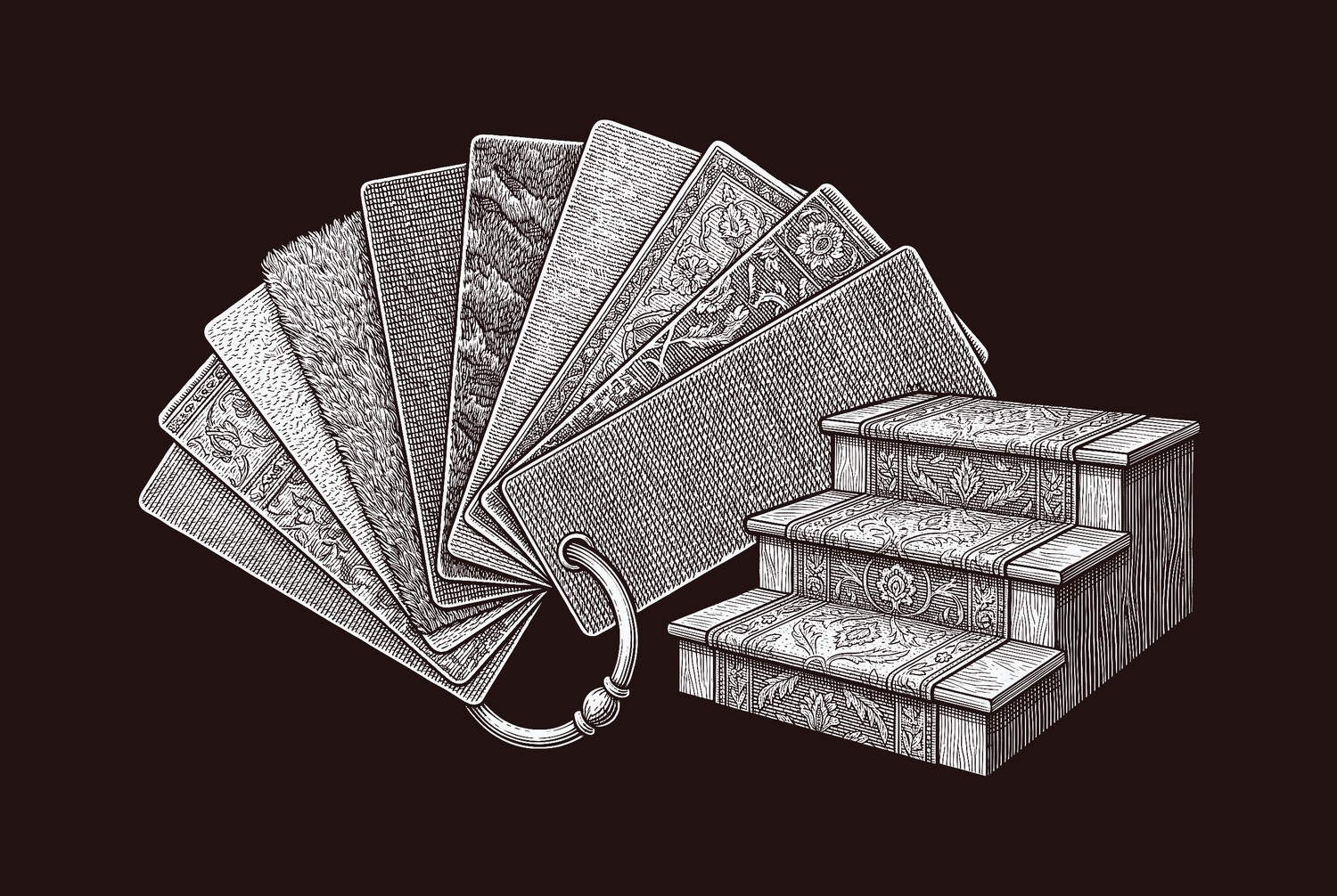 Engraved illustration of a fan of carpet samples beside a runner-dressed stair