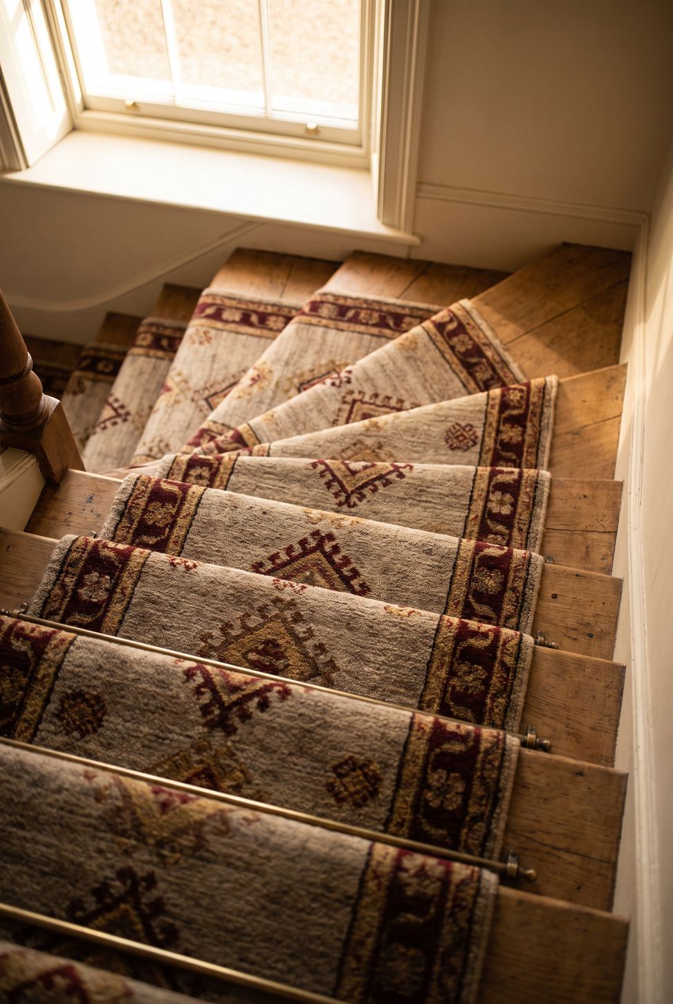 Patterned wool stair runner held by brass rods on an oak staircase
